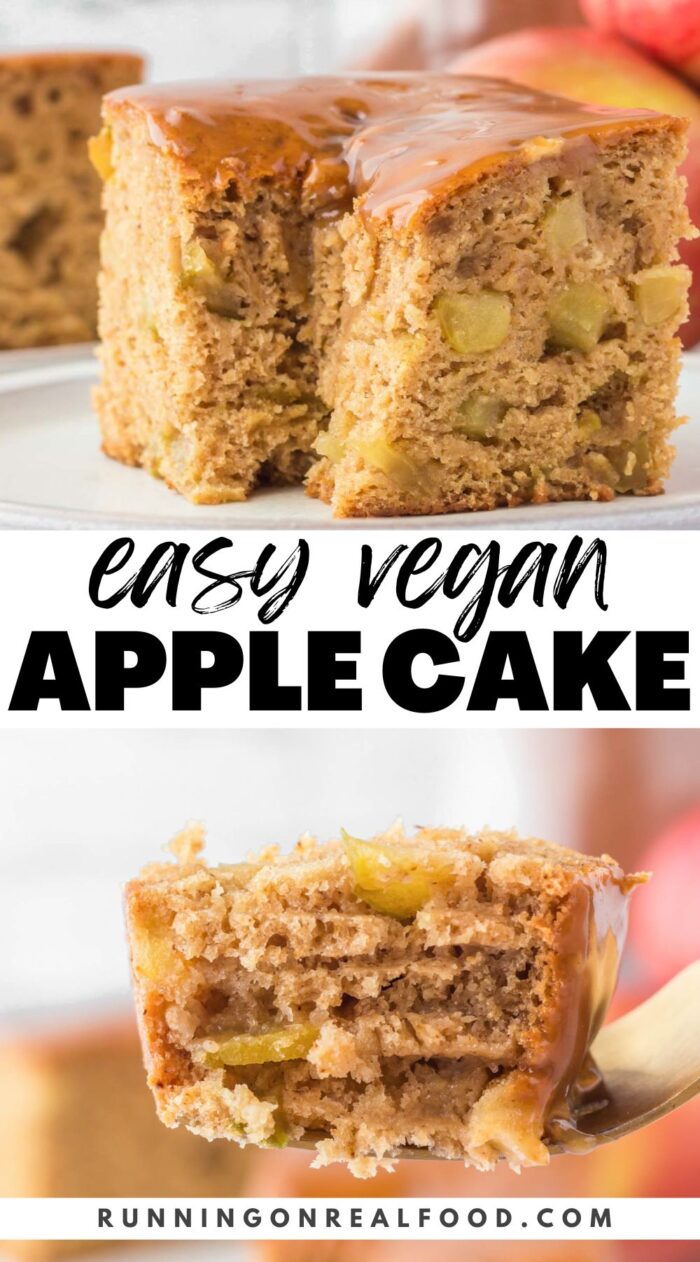 A Pinterest-style graphic with 2 images of a vegan apple cake and text overlay reading "easy vegan apple cake".
