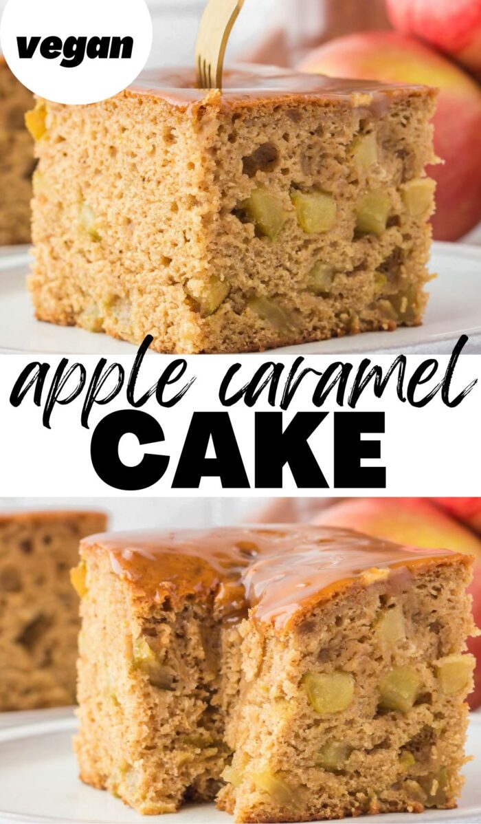 A Pinterest-style graphic with 2 images of a vegan apple cake and text overlay reading "apple caramel cake".