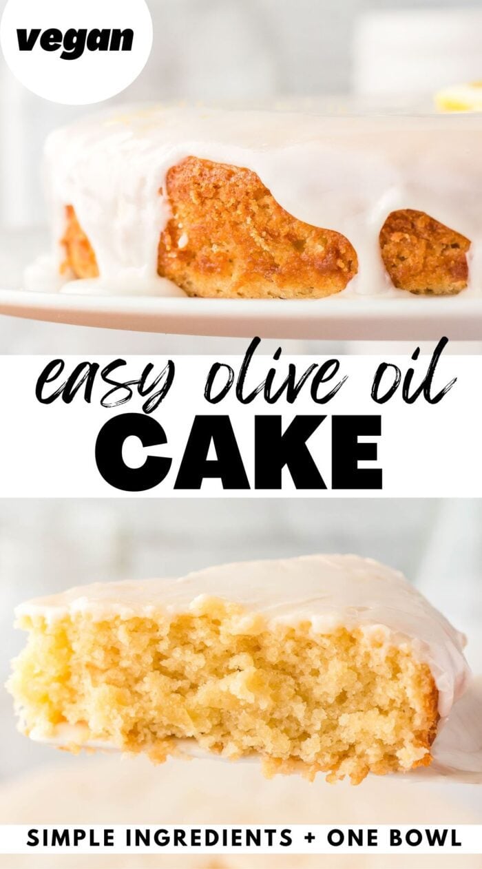 A Pinterest graphic with two images of an olive oil cake and text overlay reading "easy olive oil cake recipe". There is some small test at the bottom that says "simple ingredients + one bowl".
