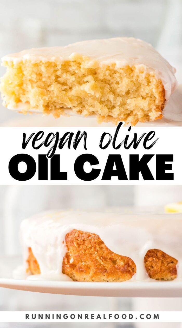 A Pinterest graphic with two images of an olive oil cake and text overlay reading "vegan olive oil cake".