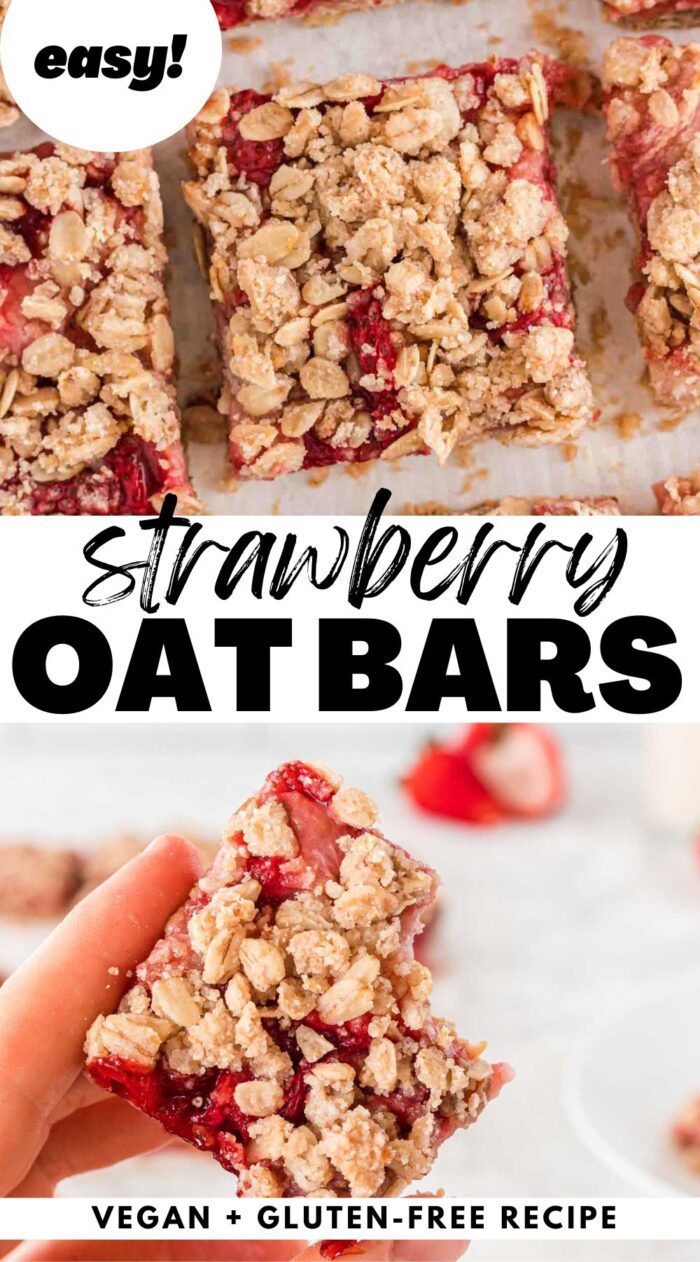 Pinterest-style graphic with two images of strawberry oatmeal bars and text reading 