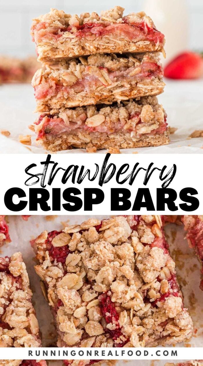Pinterest-style graphic with two images of strawberry oatmeal bars and text reading "strawberry crisp bars".