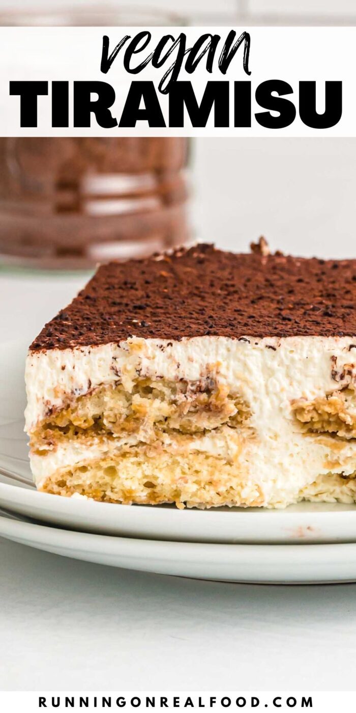 A Pinterest-style graphic with an image of a large square of tiramisu on a plate and stylized text overlay reading "vegan tiramisu".