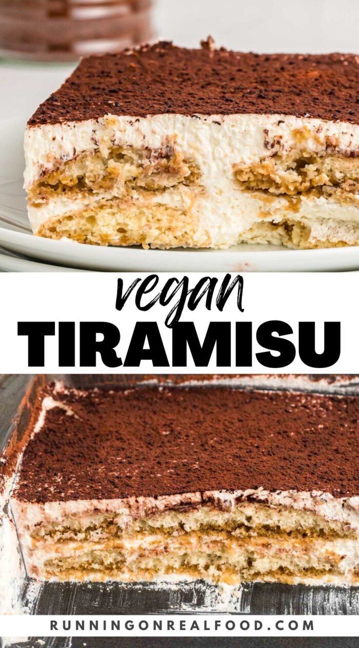 A Pinterest-style graphic with 2 images of a tiramisu cake and stylized text overlay reading "vegan tiramisu".