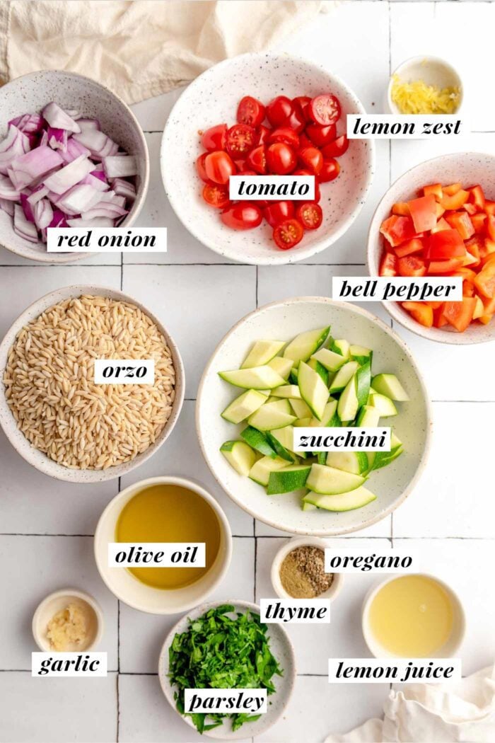 All of the ingredients gathered for making a vegan roasted vegetable orzo recipe. Each ingredient is labelled with text and the list can be found on the corresponding blog page.