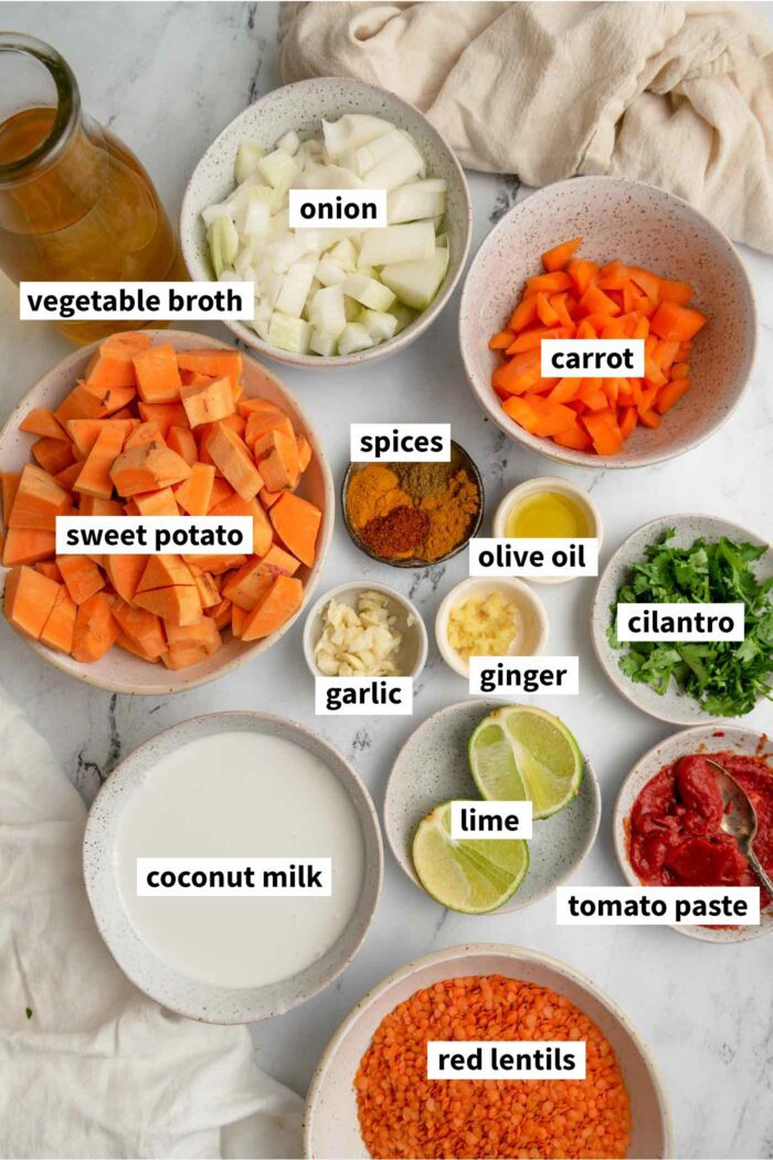 Ingredients for making a sweet potato lentil soup. Each ingredient is labelled with text.