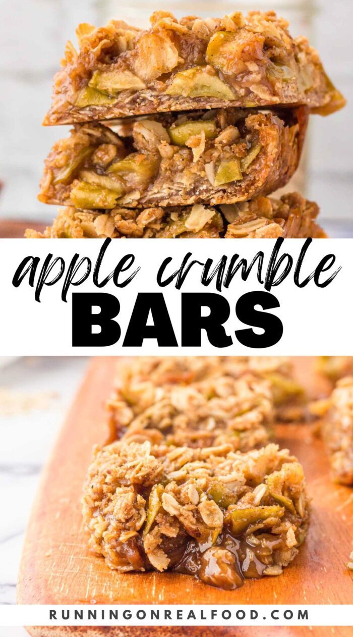 Pinterest-style graphic with 2 images of apple crumble bars and stylized text reading "apple crumble bars".