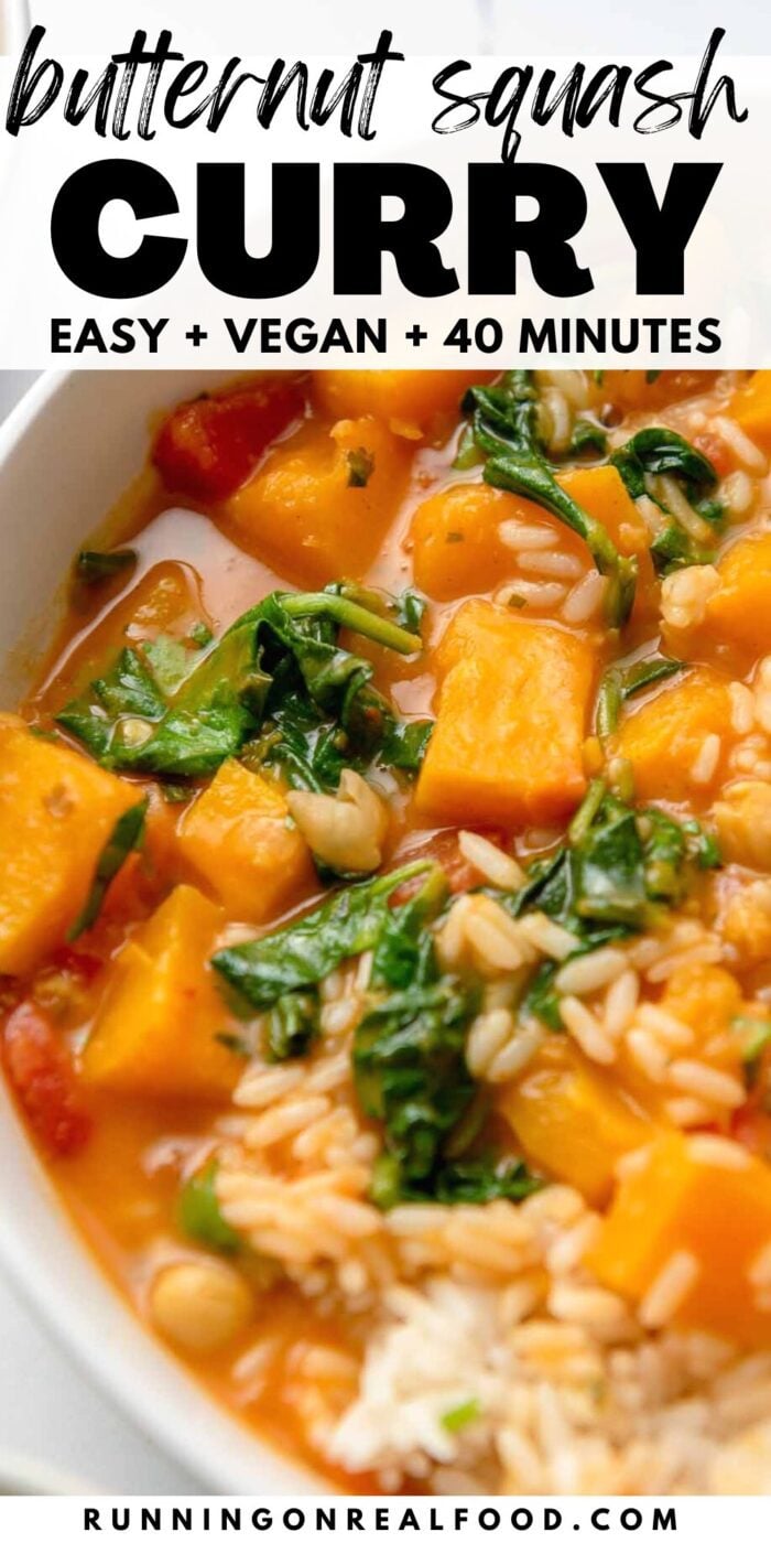 Pinterest style graphic with an image of a butternut squash curry recipe and text reading 