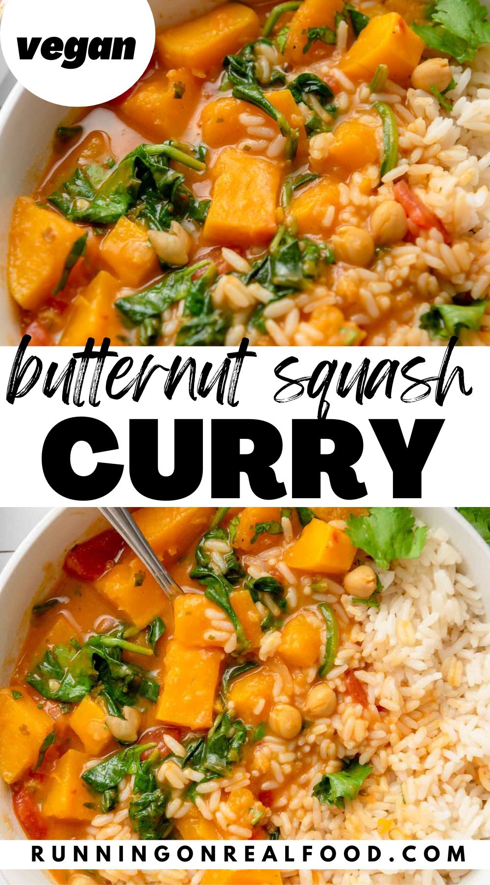 Pinterest style graphic with two images of a butternut squash curry recipe and text reading 