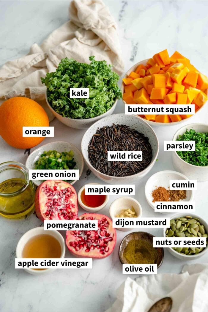 All the ingredients gathered for making a wild rice salad with kale, pomegranate, pumpkin seeds, wild rice and butternut squash.