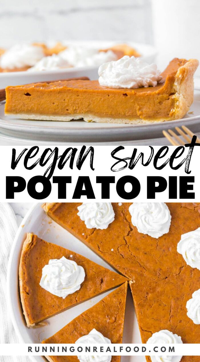 Two images of a sweet potato pie topped with whipped cream and text reading "vegan sweet potato pie".