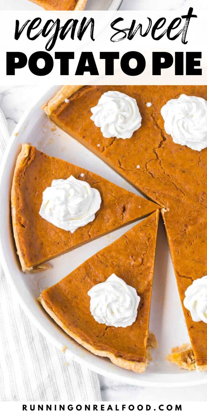 An image of a sweet potato pie topped with whipped cream and text reading "vegan sweet potato pie".