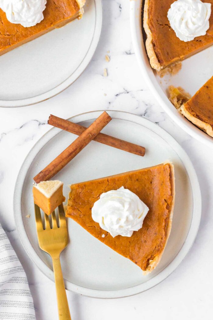 A slice of sweet potato pie on a small plate. A fork with a small bite of pie on it rests on the plate.