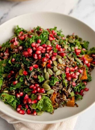 A bowl of colourful wild rice salad topped with pomegranate arils and pumpkin seeds.