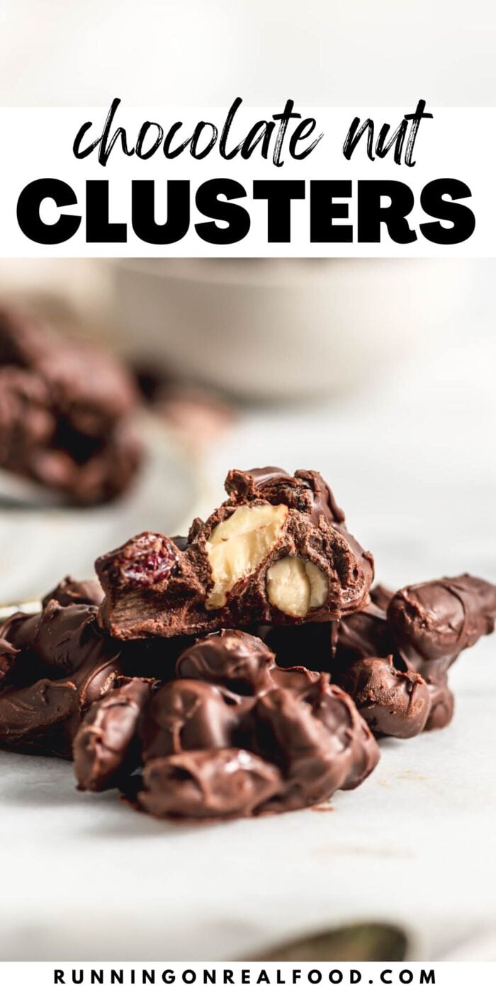 An image of a chocolate nut clusters with stylized text overlay between them reading 
