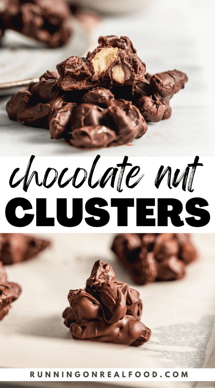 Two images of chocolate nut clusters with stylized text overlay between them reading 