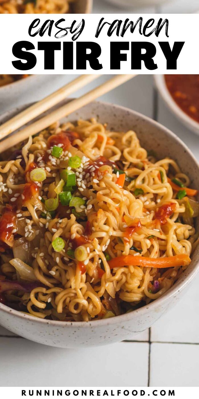 An image of a ramen noodle stir fry with text overlay between the images reading 