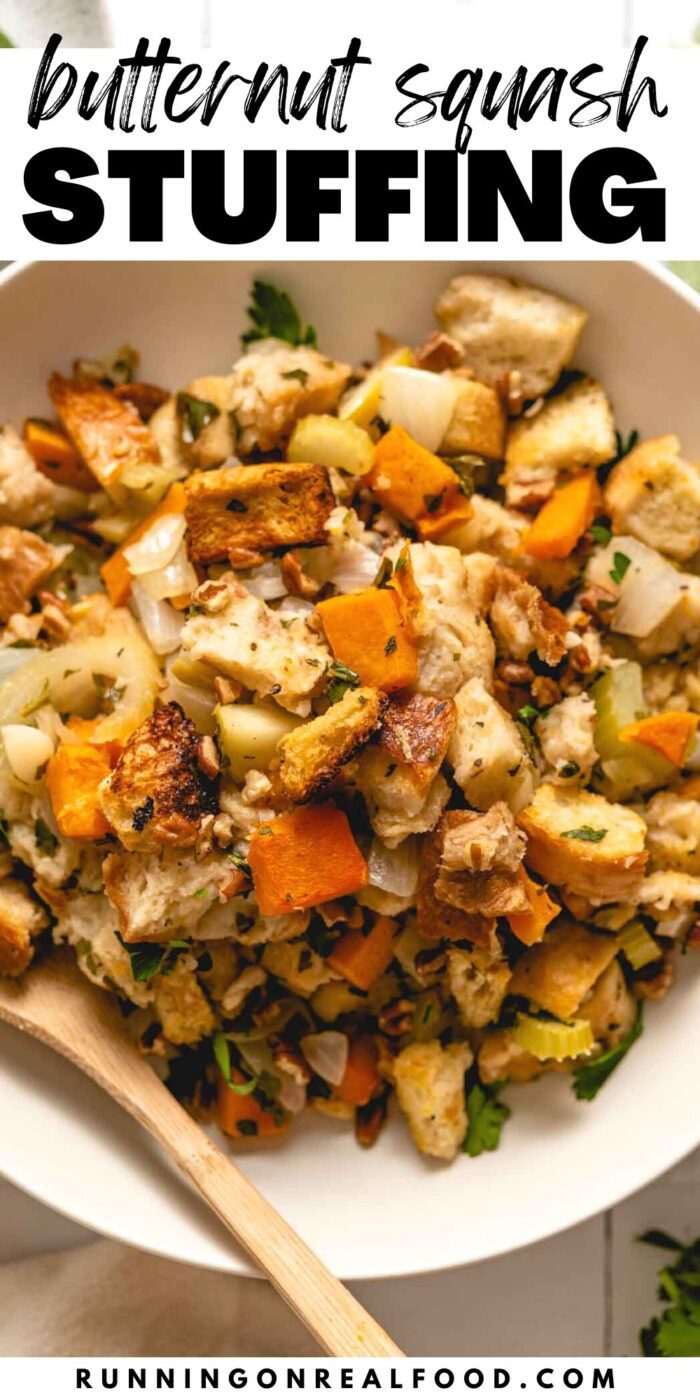 Pinterest graphic with an image of butternut squash stuffing and text overlay reading "butternut squash stuffing".