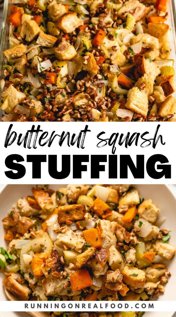Pinterest graphic with 2 images of butternut squash stuffing and text overlay reading 
