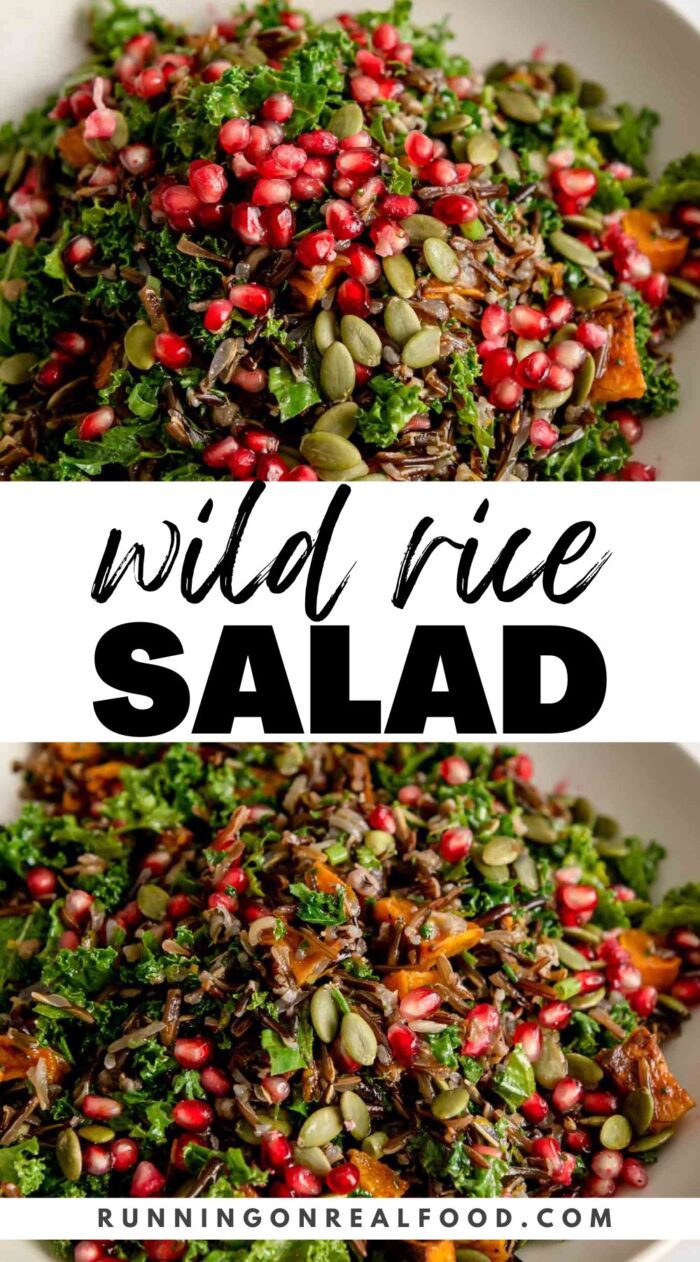 Pinterest style graphic with 2 photos of a wild rice salad with pomegranate arils in a bowl and stylized text reading "wild rice salad".