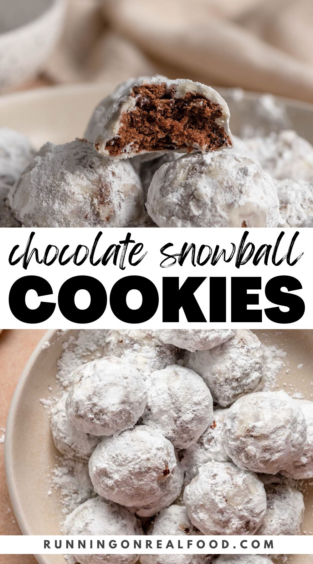 Pinterest graphic for chocolate snowball cookies with two images of the cookies and text overlay.
