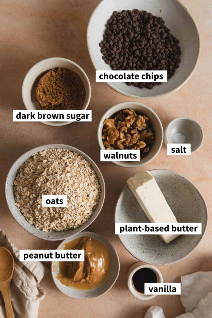 All the ingredients needed for making oatmeal chocolate bars. Each ingredient is labelled with text.