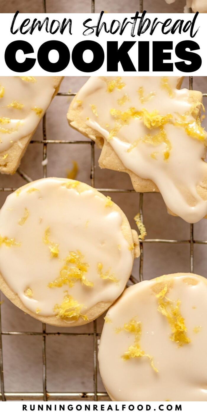 A Pinterest graphic with an image of lemon shortbread cookies and text overlay reading "lemon shortbread cookies".