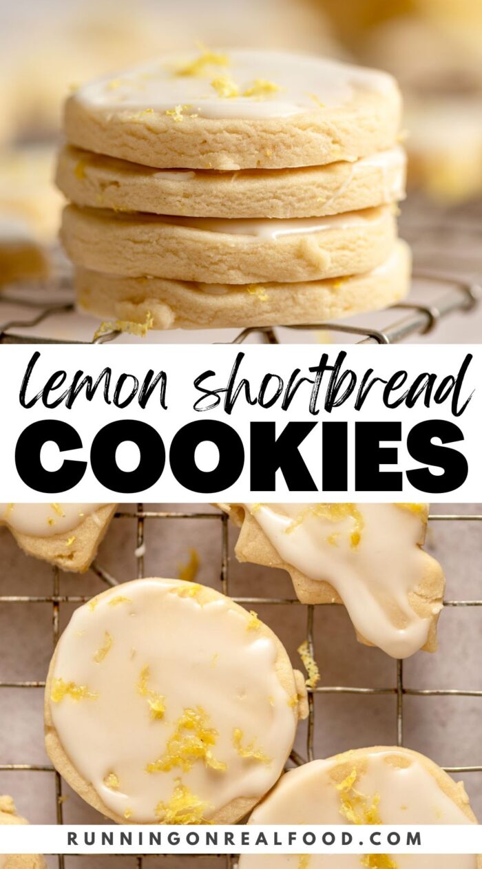 A Pinterest graphic with two images of lemon shortbread cookies and text overlay reading "lemon shortbread cookies".