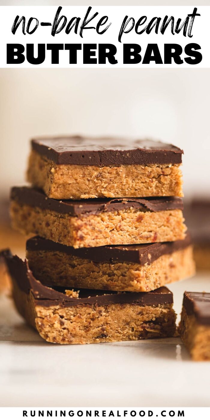 Pinterest graphic for easy no-bake peanut butter bars with an image of the bars and stylized text title.