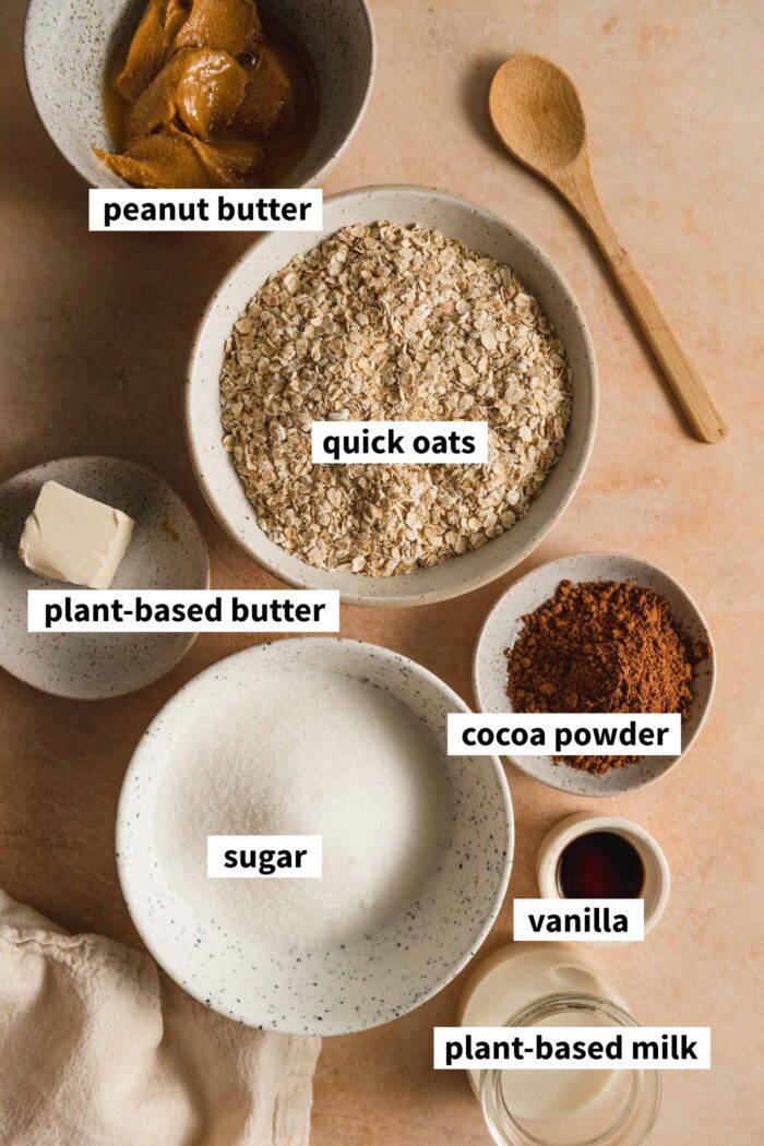 The ingredients for no-bake chocolate oatmeal cookies. Each ingredient is labelled with text overlay.