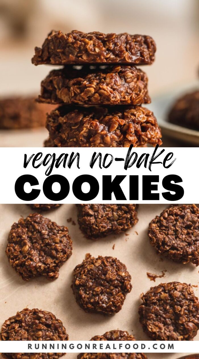 Pinterest graphic for no-bake vegan cookies with 2 images of the cookies and stylized text title.