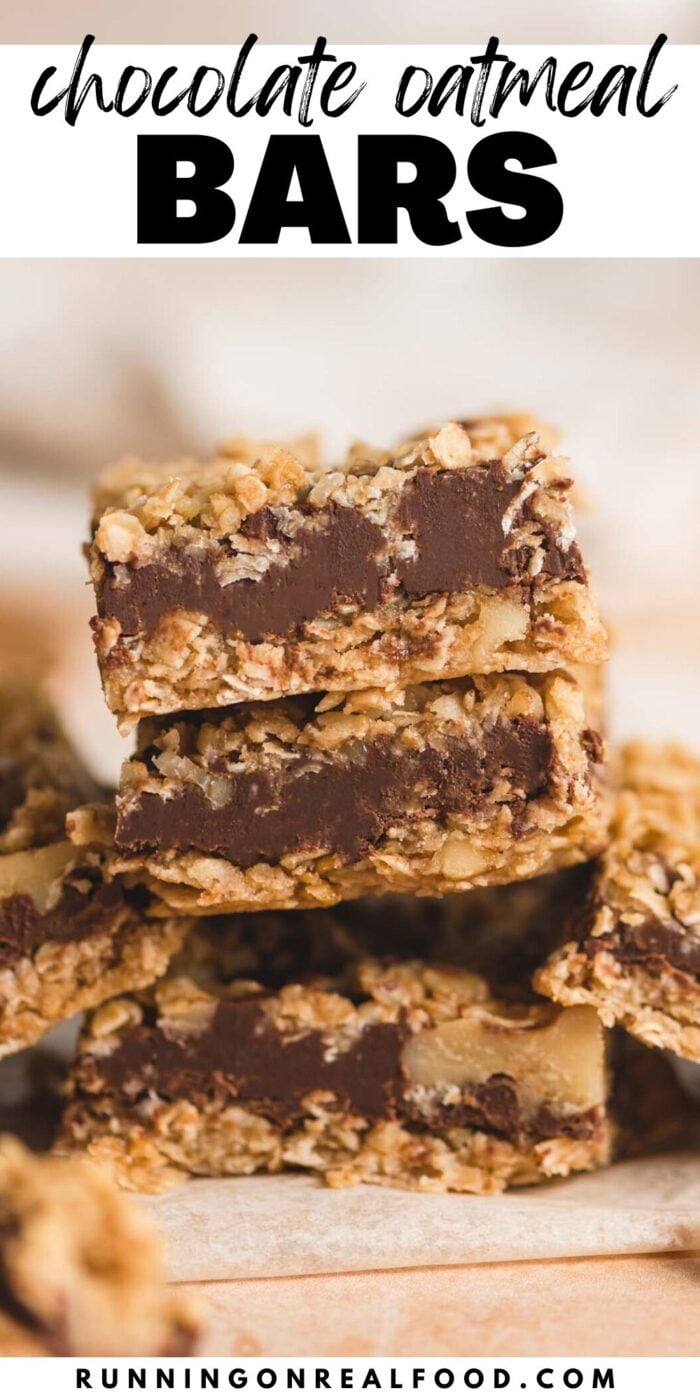 Pinterest graphic for no-bake chocolate oatmeal bars with an image of the bars and text overlay reading "chocolate oatmeal bars".