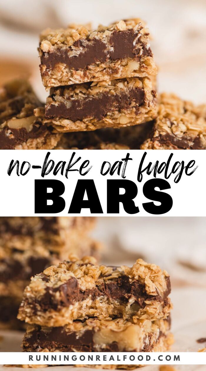 Pinterest graphic for no-bake oat fudge bars with two images of the bars and text overlay reading "no-bake oat fudge bars".