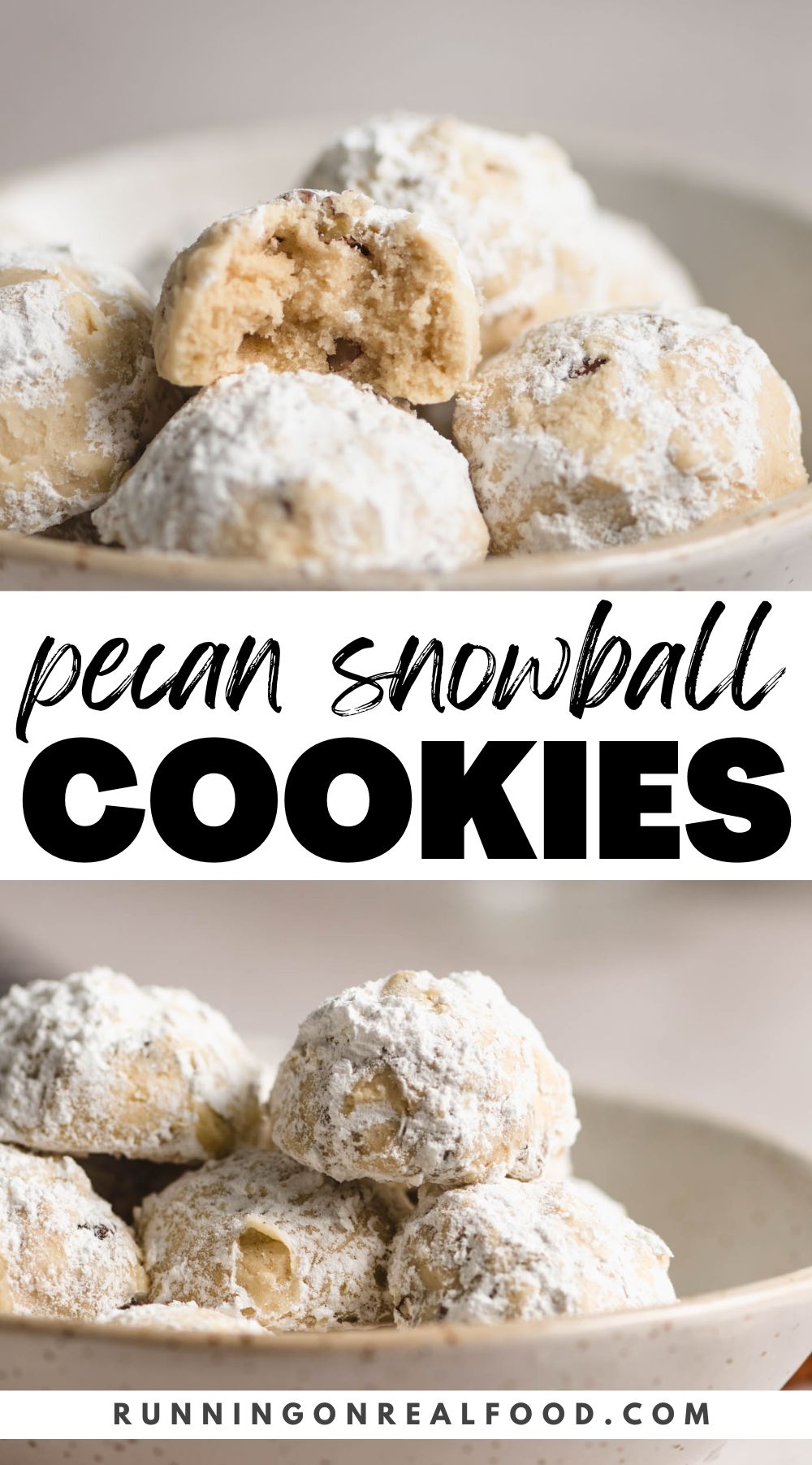 A Pinterest graphic with two images of snowball cookies and text overlay reading 