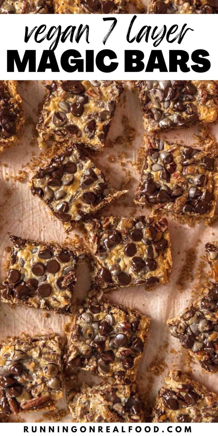 Pinterest graphic for 7 layer magic bars with an image of the cookie bars and text overlay that reads "vegan 7 layer magic bars".
