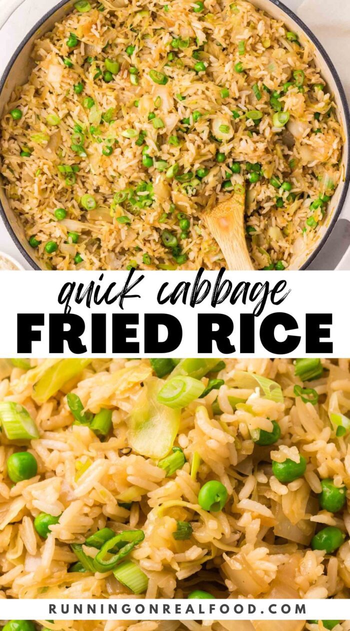 Pinterest style graphic for an easy cabbage fried rice recipe with 2 images of rice and a stylized text title.