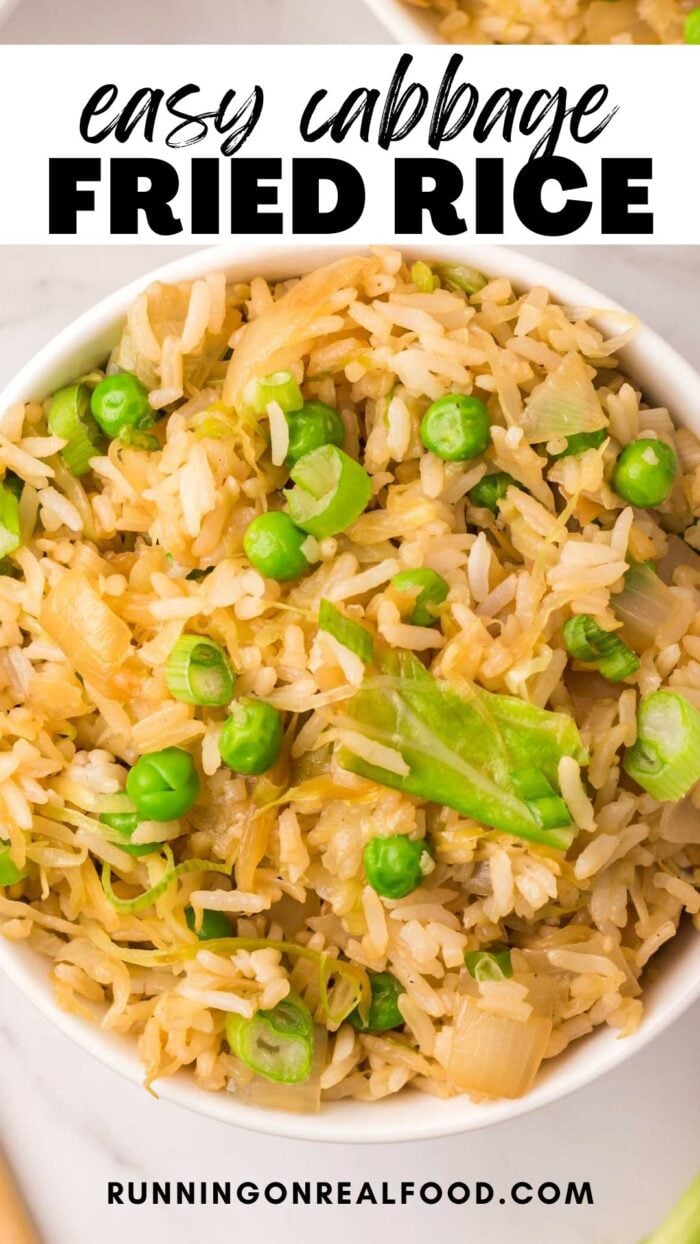 A Pinterest style graphic for an easy cabbage fried rice recipe with an image of rice and a stylized text title.