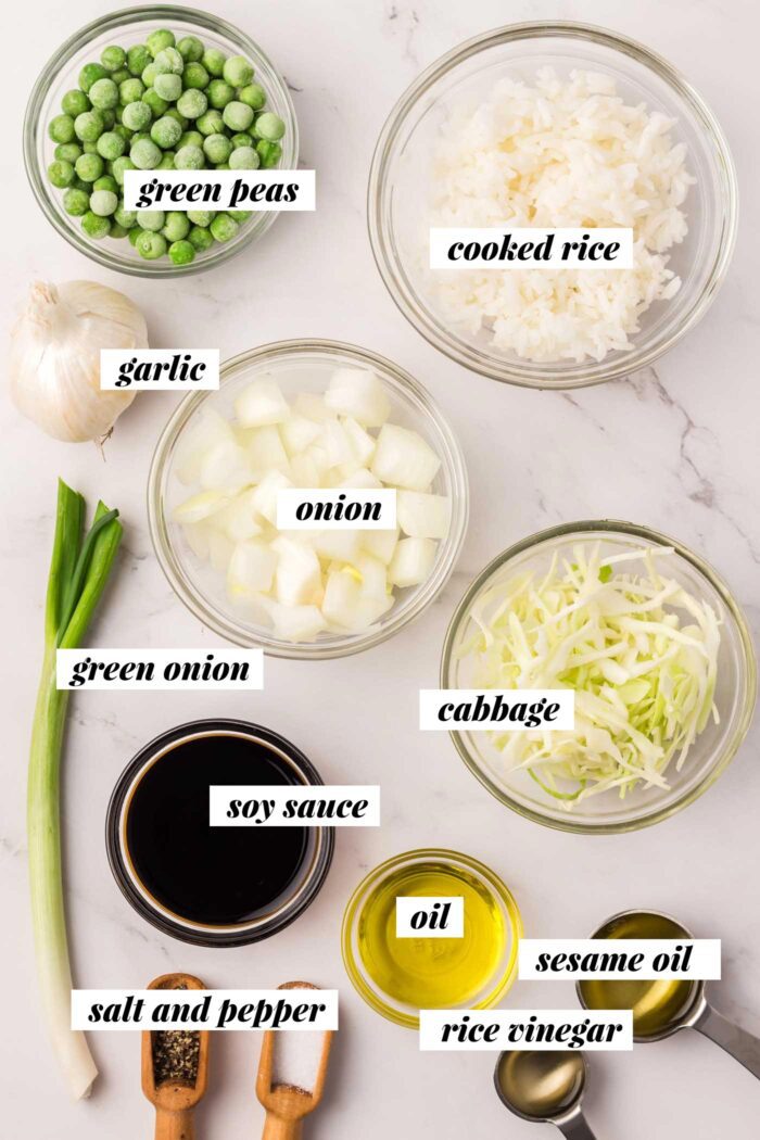 All of the ingredients gathered for making a cabbage fried rice recipe. Each ingredient is labelled with text overlay and the list can be found on the corresponding blog page.