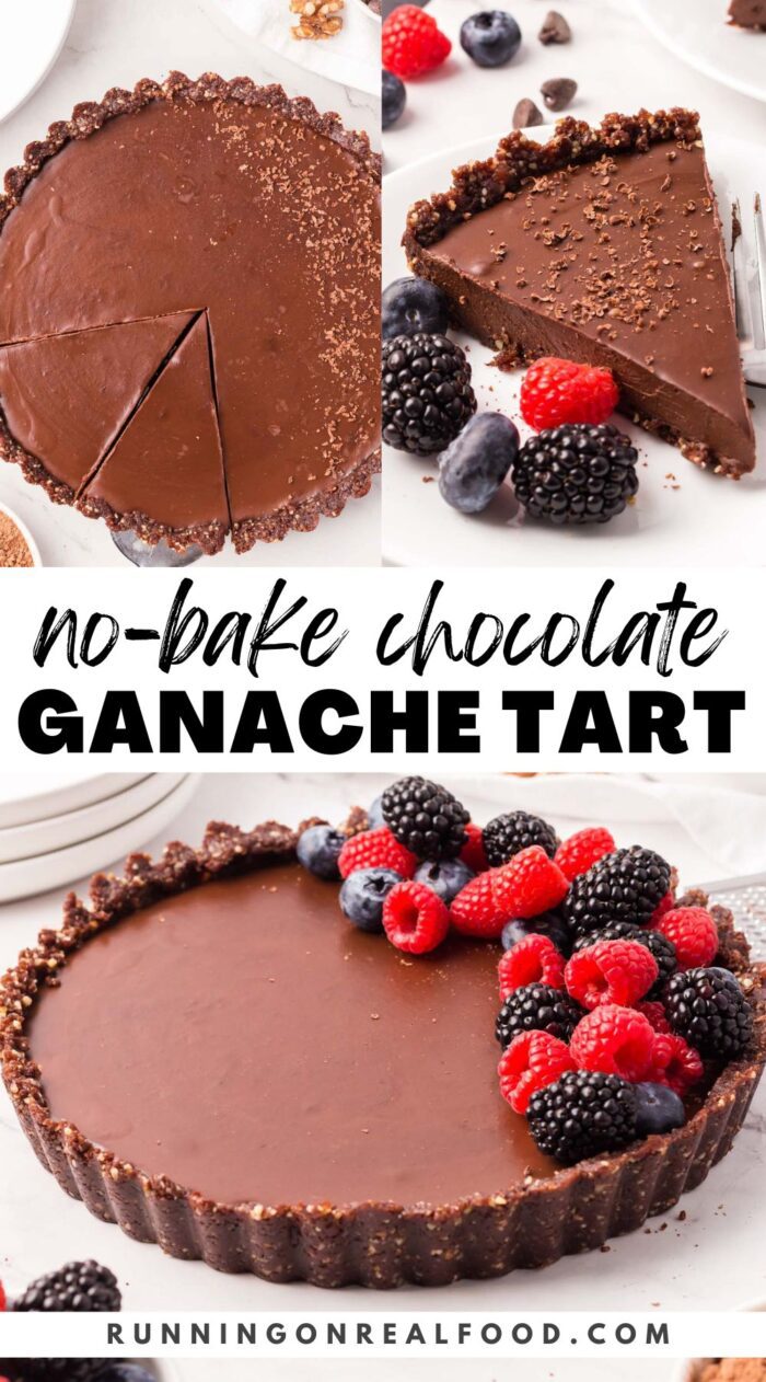 Pinterest graphic for a chocolate tart with various images of the tart and a stylized text title overlay.