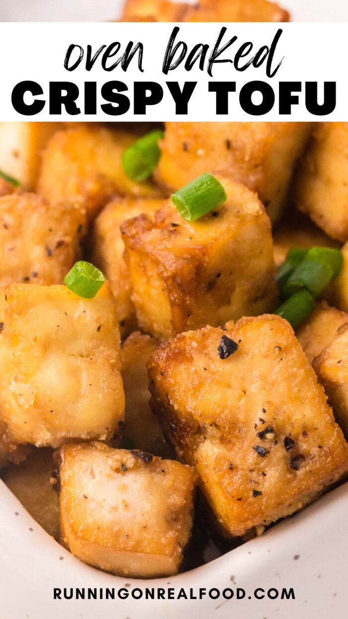 Pinterest graphic for a crispy tofu recipe with an image of baked tofu and a stylized text title.