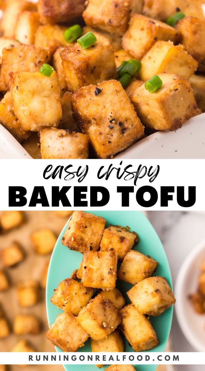 Pinterest graphic for a crispy tofu recipe with two images of baked tofu and a stylized text title.