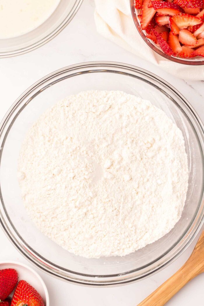 Flour in a large mixing bowl.