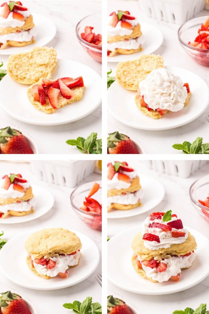 Collage of 4 images showing how to assemble a strawberry shortcake with a biscuit, whipped cream and strawberries.