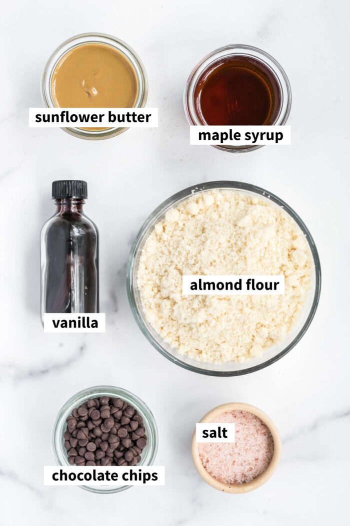 The ingredients needed for making edible cookie dough out of almond flour.