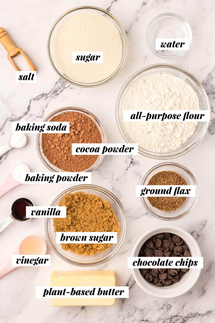 All of the ingredients needed for making a vegan double chocolate chip cookies recipe with flax, flour, cocoa powder and other basic staple ingredients.