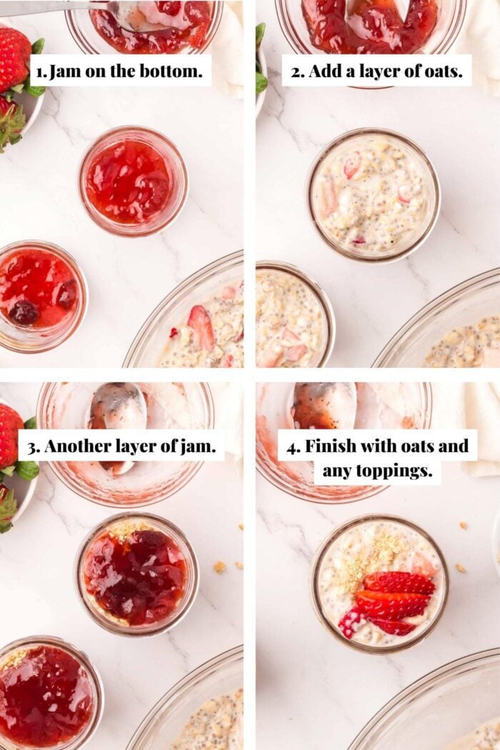 A collage showing how to layer jam and overnight oats in a small jar for strawberry cheesecake overnight oats.