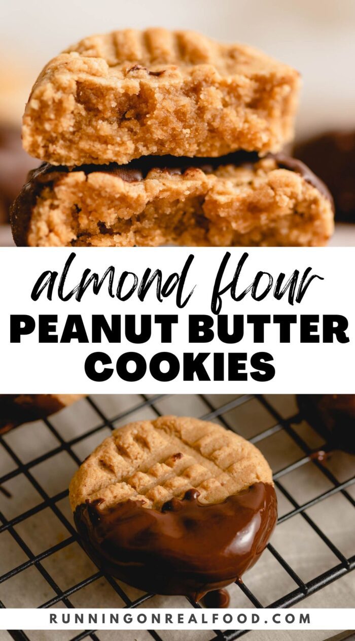 Pinterest graphic for almond flour peanut butter cookies with 2 images of the cookies and a stylized text title.
