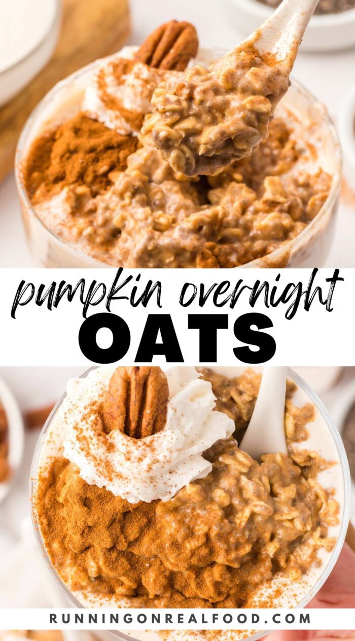 Pinterest graphic for a pumpkin overnight oats recipe with an image of the oats and a text title.