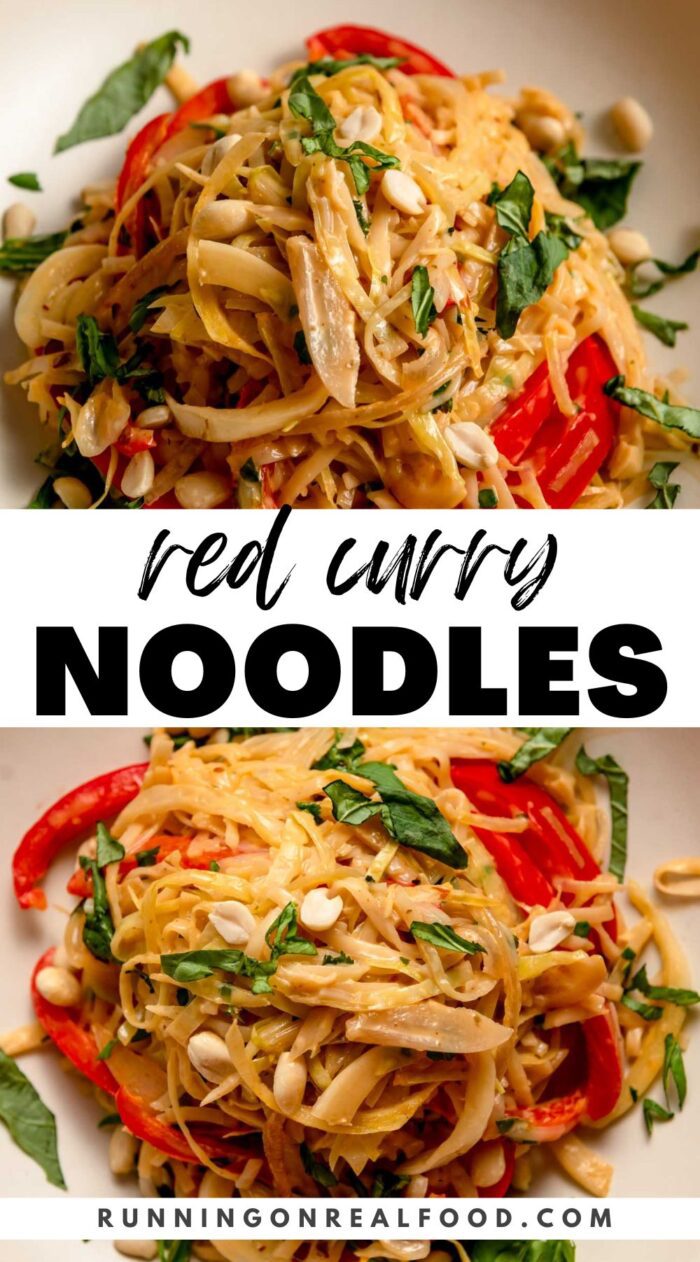 Pinterest graphic with 2 images and stylized text for a red curry noodles recipe.