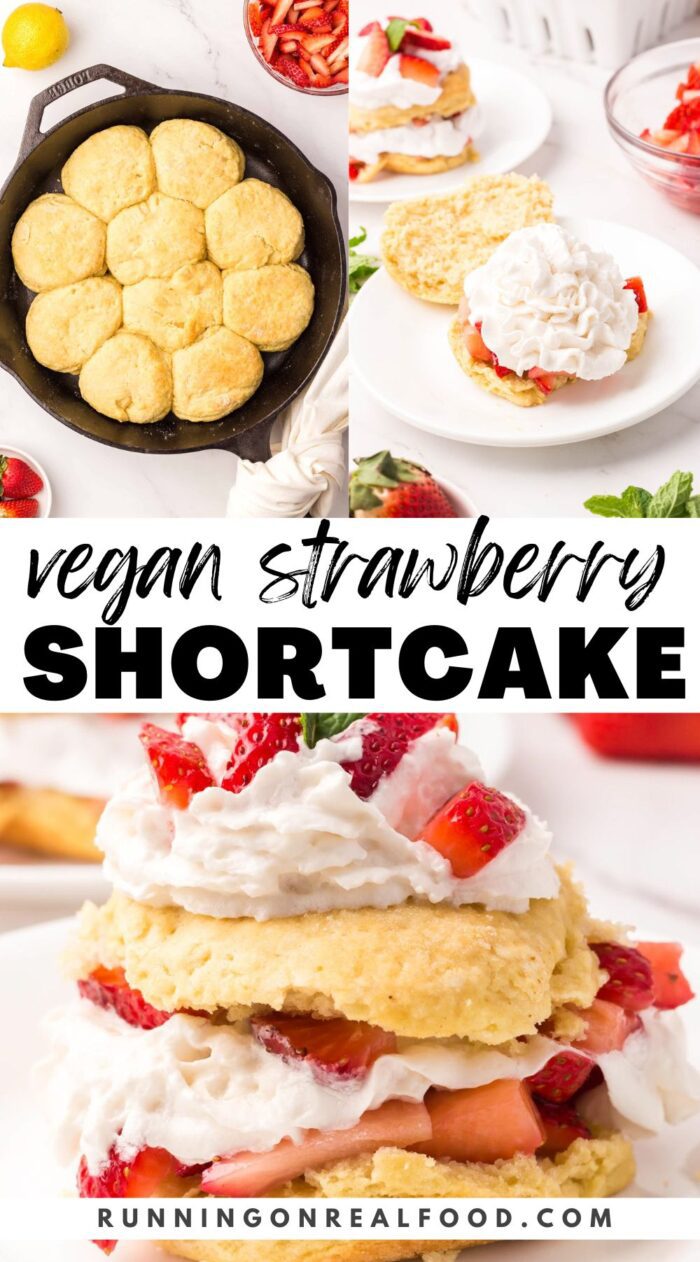Pinterest style graphic for a strawberry shortcake recipe with an image of a strawberry shortcake and stylized text title.